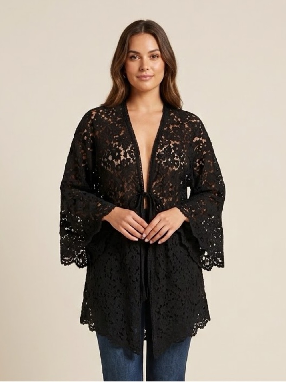 Free People Black Lace Kimono Coverup